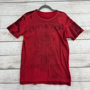 Affliction Distressed Live Fast Crewneck T-Shirt Mens Medium Red Gray